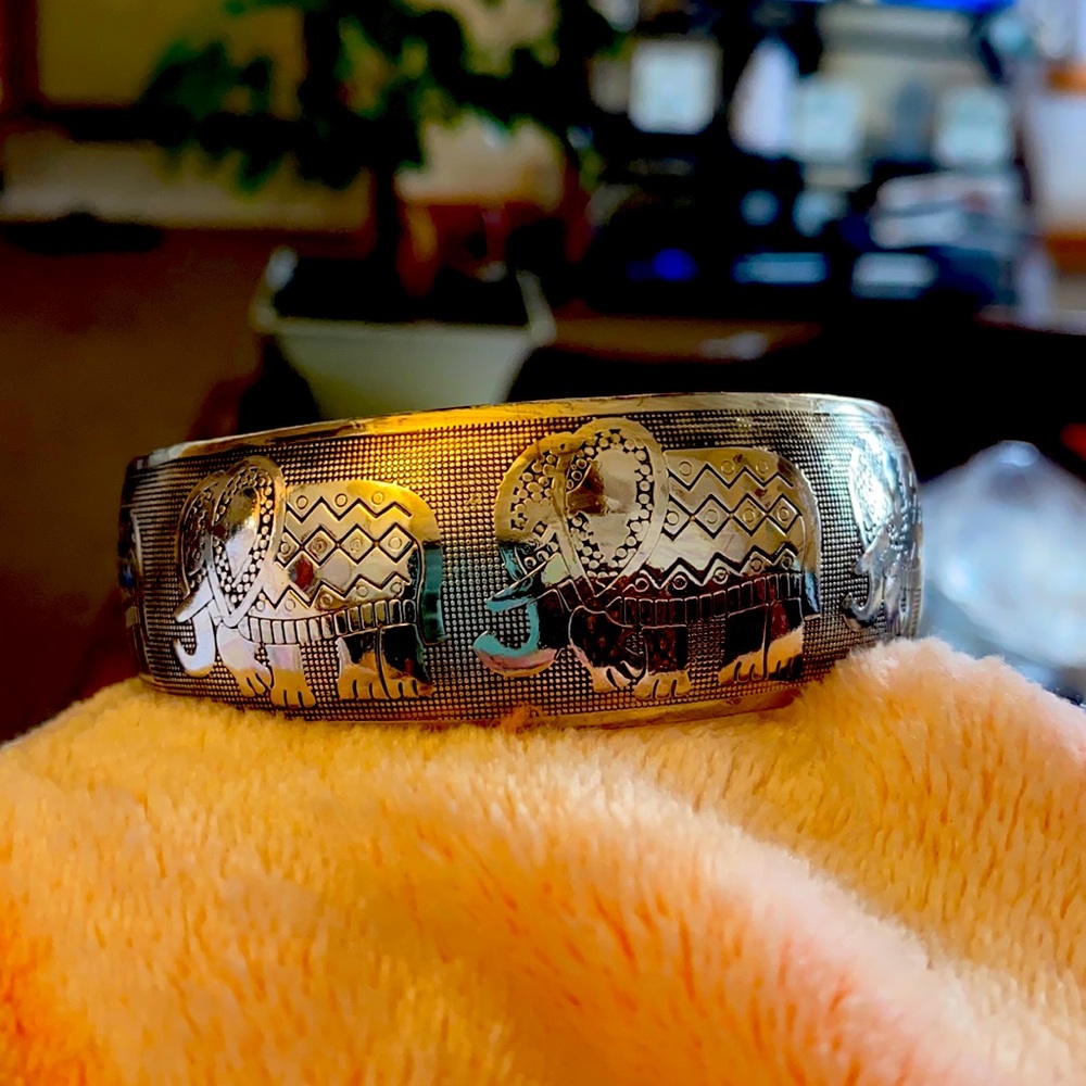Silver Elephant wrist cuff.